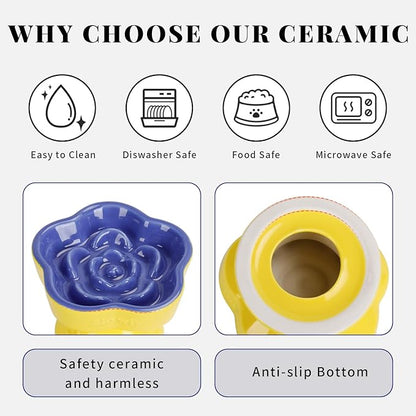 S&Q's CERAMICS Raised Slow Feeder Cat Bowl, Ceramic Elevated and Titled Pet Food Bowl, Small Dogs Slow Feeder, Flower Shaped Dish for Dry and Wet Food (Blue, 5.8")
