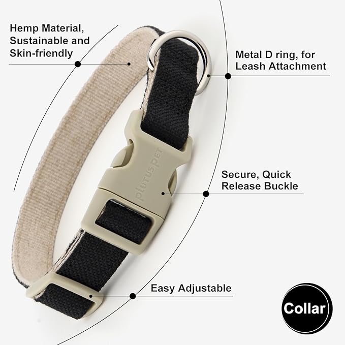 Plutus Pet Cotton Hemp Dog Collar and Leash Set, Adjustable Collar for Small, Medium, and Large Dogs, Heavy Duty and Soft on Skin, Black, XL