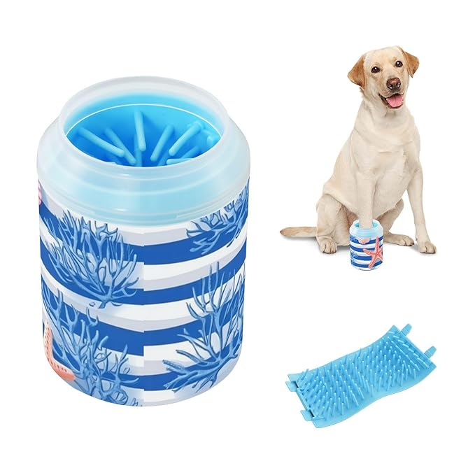 Dog Paw Cleaner Cups for Dogs Pets Foot Washer Paw Scrubber for Medium Small Dogs Cats Cleaning Cup Blue Stripes Starfish Seashells Corals