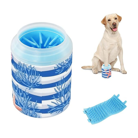 Dog Paw Cleaner Cups for Dogs Pets Foot Washer Paw Scrubber for Medium Small Dogs Cats Cleaning Cup Blue Stripes Starfish Seashells Corals