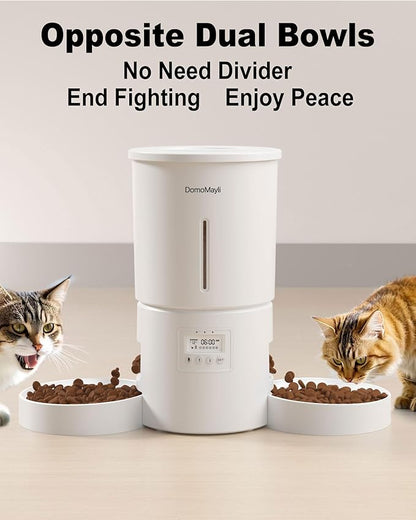DomoMayli Automatic Cat Feeder for 2 Cats,Dual Bowl Dry Pet Food Dispenser with Portion Control & 10s Voice Recorder,Timer Feeding,Double Power,Quiet Operation(White, ABS Dual Bowls)
