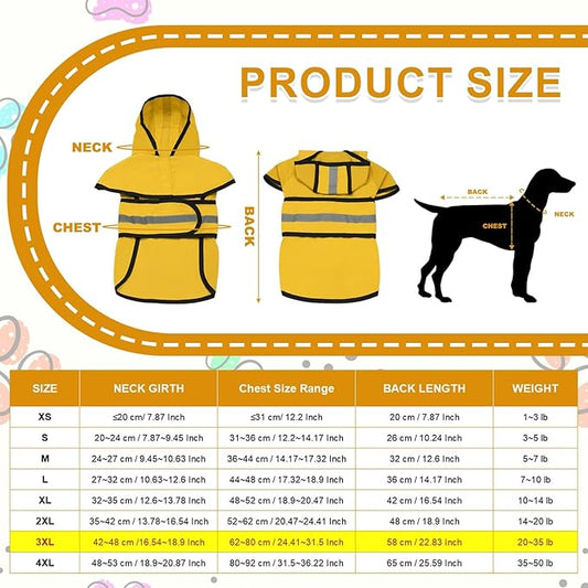 Dog Raincoat, Dog Rain Jacket Waterproof Jacket Reflective Adjustable Hooded Pet Rain Coat with Leash Hole, (Yellow, 3XL), Intended for Large Medium Small Puppies