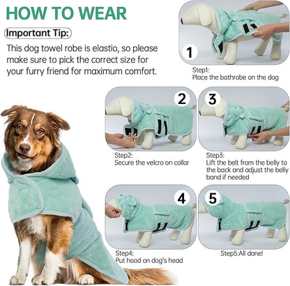 Microfibre Dog Drying Coat, Fast Drying Super Absorbent Towel, Magic Sticker & Belly Strap, Robes for After Bath, Small to Large Dog & Cat