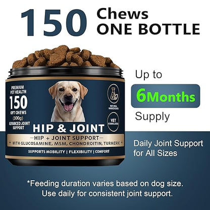 Glucosamine for Dogs - 150 Soft Chews, Hip & Joint Supplement with MSM, Chondroitin, Turmeric – Joint Support for Dogs Chicken Flavor – Vet Formulated – 2-Month Supply