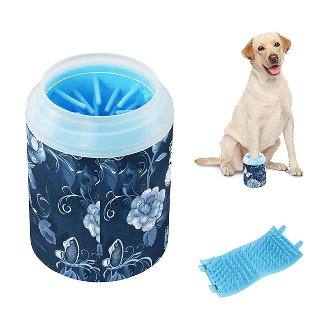 Dog Paw Cleaner Mudbuster Dog Foot Washer for Small Medium Large Dogs Cats Premium Pet Supplies Navy Blue Elegant Roses and Butterflies