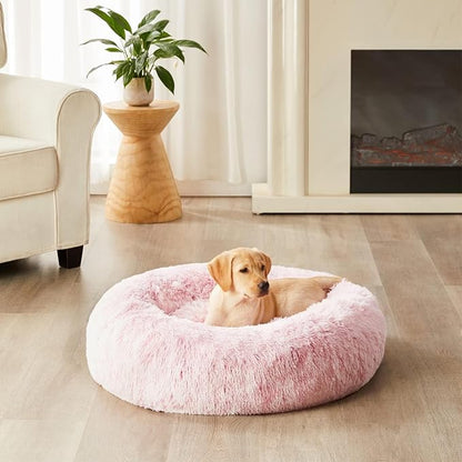 WNPETHOME Donut Dog Beds Large Sized Dog,Anti-Anxiety Caming Large Pet Bed,Fluffy Faux Fur Plush Puppy Bed，Warming Cozy Soft Round Bed for Pet, Cat Cuddler Cushion