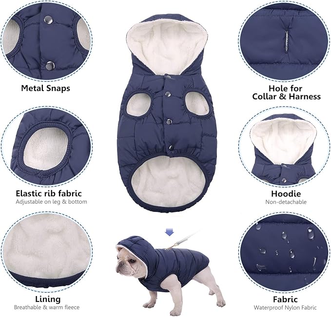 Fleece Hoodie, Windproof Waterproof Coat, Winter Warm Jacket, Cold Weather Pet Apparel Clothes Vest for Small Medium Large Dogs (2XL, Blue)