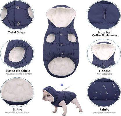 Fleece Hoodie, Windproof Waterproof Coat, Winter Warm Jacket, Cold Weather Pet Apparel Clothes Vest for Small Medium Large Dogs (2XL, Blue)