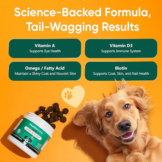 Skin and Coat Supplement for Dogs | Omega 3 Fatty Acid Formula to Support Canine Healthy Skin, Reduce Shedding, and Improve a Glossy, Shiny Coat | 60 Tasty Soft Chews 180g (6.35 oz) | by MeadowCare