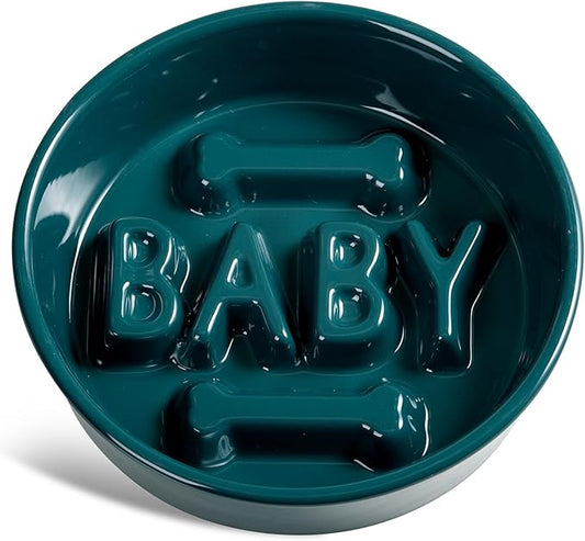 Ceramic Slow Feeder Dog Bowl, 4-Cup Anti-Slip Puzzle Feeder for Medium/Large Dogs, Indoor/Outdoor Pet Bowl for Fast Eaters - Green
