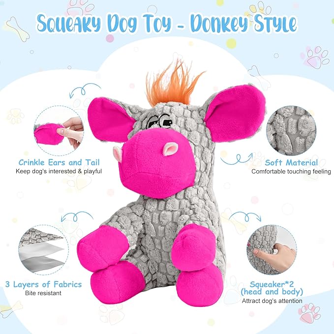 Stuffed Dog Squeak Toys, Tough Crinkle Stuffed Animal Squeaky Interactive Toys, Dog Chew Toys for Puppy, Small, Middle, Plush Chew Toys Pink Donkey