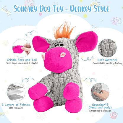 Stuffed Dog Squeak Toys, Tough Crinkle Stuffed Animal Squeaky Interactive Toys, Dog Chew Toys for Puppy, Small, Middle, Plush Chew Toys Pink Donkey