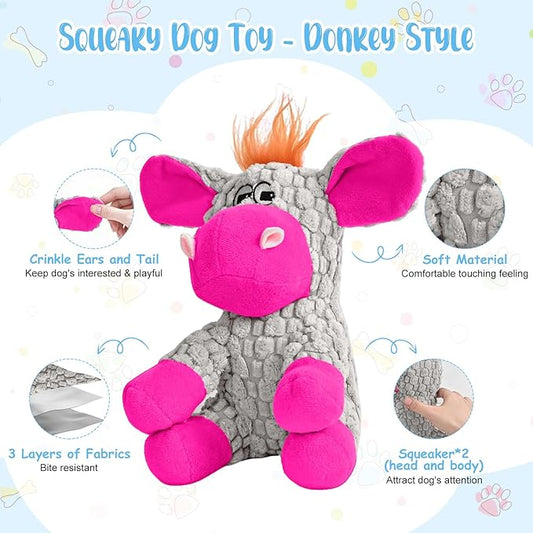 Stuffed Dog Squeak Toys, Tough Crinkle Stuffed Animal Squeaky Interactive Toys, Dog Chew Toys for Puppy, Small, Middle, Plush Chew Toys Pink Donkey
