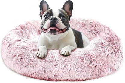 JOLLYVOGUE Small Dog & Cat Beds for Indoor Cats, Donut Cuddler Warming Soft Dog Beds with Anti-Slip Bottom, Round Calming Fluffy Plush Faux Fur Cushion Bed for Medium Dogs (31", Smoke Pink)