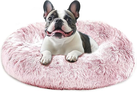 JOLLYVOGUE Small Dog & Cat Beds for Indoor Cats, Donut Cuddler Warming Soft Dog Beds with Anti-Slip Bottom, Round Calming Fluffy Plush Faux Fur Cushion Bed for Medium Dogs (27", Smoke Pink)