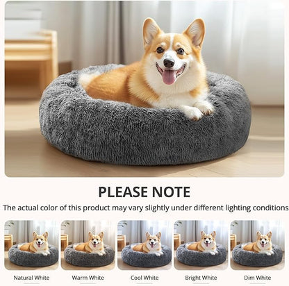 JOLLYVOGUE Small Dog & Cat Beds for Indoor Cats, Donut Cuddler Warming Soft Dog Beds with Anti-Slip Bottom, Round Calming Fluffy Plush Faux Fur Cushion Bed for Small Dogs (23", Smoke Black)