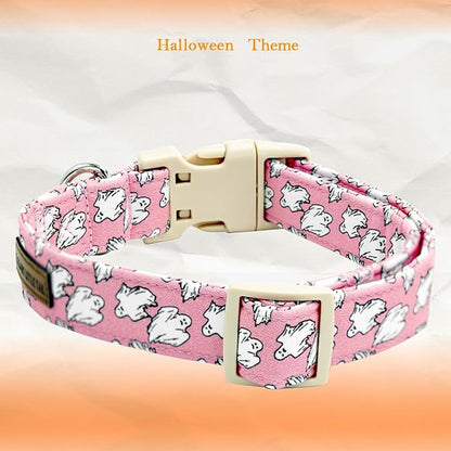 Elegant little tail Halloween Dog Collar, Ghosts Print Pink Halloween Pet Collars Cotton Soft Sturdy Puppy Collars Holiday Female Adjustable Collar for Small Dogs
