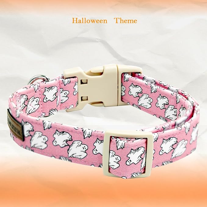 Elegant little tail Halloween Dog Collar, Ghost Print Pink Halloween Pet Collars Cotton Soft Sturdy Puppy Collars Holiday Female Adjustable Collar for X-Small Puppy