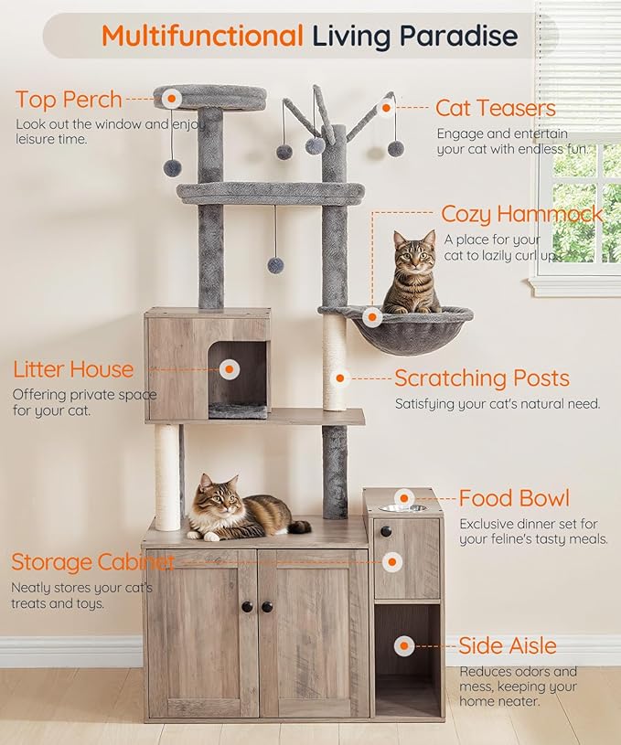 HOOBRO Cat Tree with Litter Box Enclosure, 68.9" H Cat Tower with Food Bowl and Storage, Hidden Litter Enclosure Furniture, All-in-One Modern Cat Condo, with House, Hammock and Perch, Greige BG80MZ03