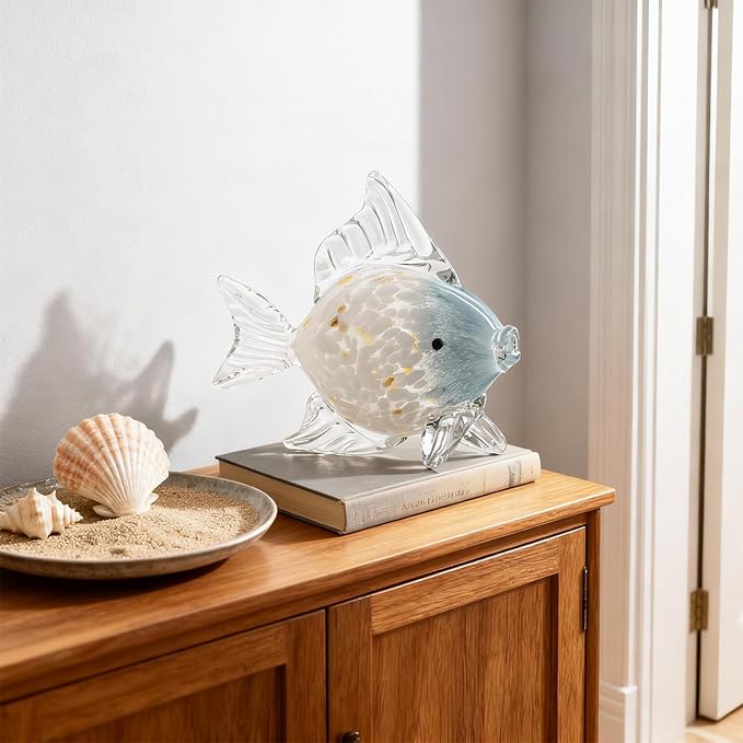 Large Hand Blown Glass Fish Figurines, Aquarium Sea Glass Art, Blue White Fish Statue Sculpture Modern Coastal Accent - for Beach Knick Knacks, Coffee Tables, Nautical Offices Centerpiece