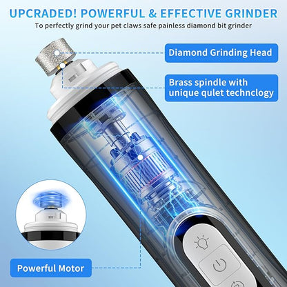 2026 Upgraded Nail Grinder,3-Speed Powerful Electric Pet Nail Trimmer,Rechargeable USB Charging/2 LED Light/Grinding Wheels/Pet Silent Cat Claw Nail Grooming Supplies for Small and Large Dogs and Cats