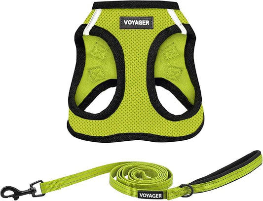 Voyager Step-in Air All Weather Mesh Harness and Reflective Dog 5 ft Leash Combo with Neoprene Handle, for Small, Medium and Large Breed Puppies by Best Pet Supplies - Lime/Black Trim, XX-Small