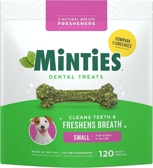 Minties Dog Dental Bone Treats, Tiny/Small Dental Dog Treats, 5-25 lbs, Clean Teeth, Fight Bad Breath, Removes Plaque and Tartar, 120 Count