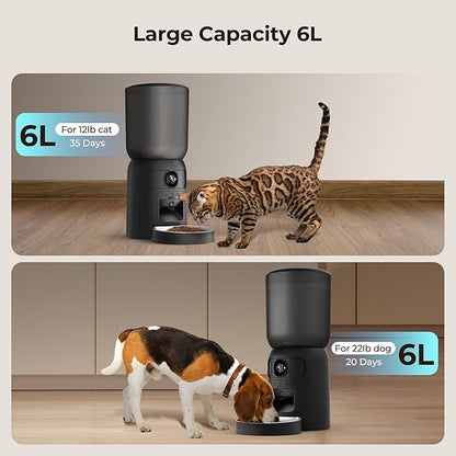 Smart Pet Feeder with 2K Dual Camera & AI Recognition, 6L Automatic Cat Dog Feeder with App Control, 2.4G/5G WiFi, Voice Message, Pet Interaction, Motion Tracking, No Clog, Dual Power, for Multi-Pet