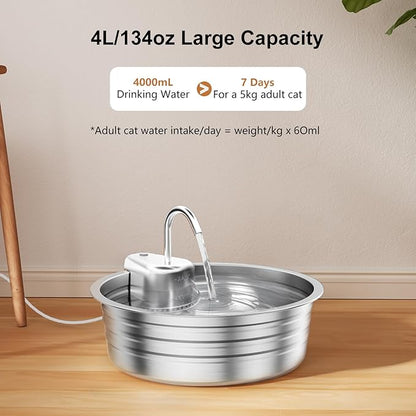 Cat Water Fountain Stainless Steel - 135OZ / 4L Large Capacity Pet Water Fountain for Cats Indoor - Ultra-Quiet Pump for Cats, Dogs Water Bowl Dispenser - Pets Feeding & Watering Supplies