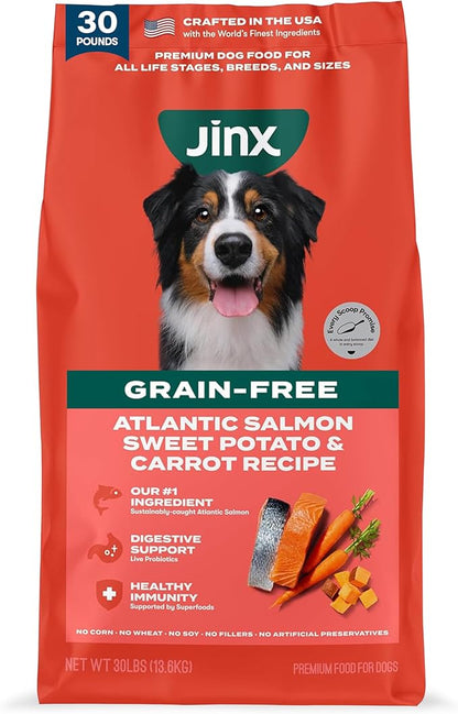 Jinx Premium Grain-Free Dry Dog Food, for All Lifestages - Real Salmon, Sweet Potato & Carrot Kibble with Superfoods for Immune Support & Probiotics for Digestive Support - No Fillers - 30lb
