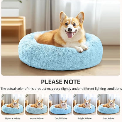 JOLLYVOGUE Small Dog & Cat Beds for Indoor Cats, Donut Cuddler Warming Soft Dog Beds with Anti-Slip Bottom, Round Calming Fluffy Plush Faux Fur Cushion Bed for Large Dogs (36", Light Blue)