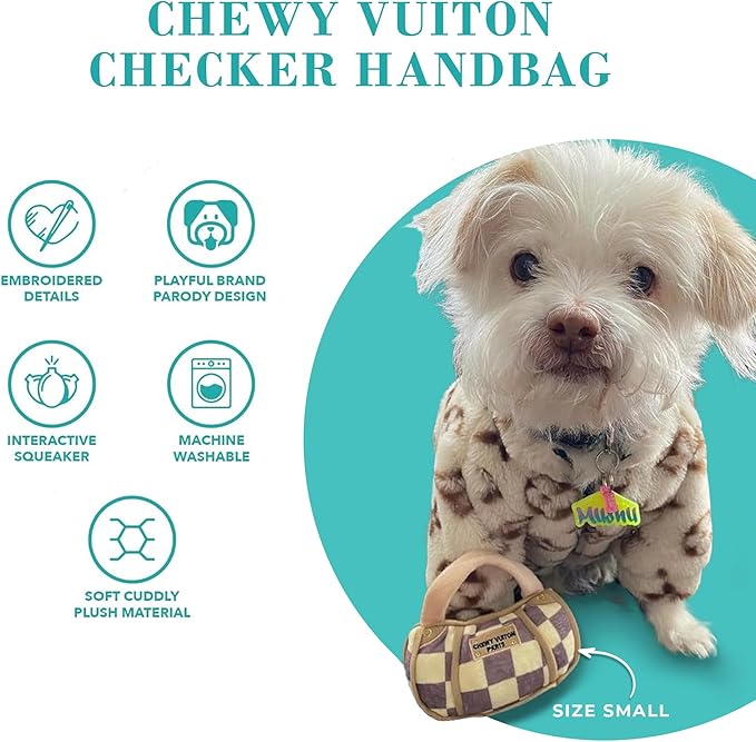 Haute Diggity Dog Checker Chewy Vuiton Handbag, Plush Designer Dog Toys with Interactive Squeaker, Stimulating Pet Enrichment, Machine-Washable & Safe Materials for All Breeds, Size XL