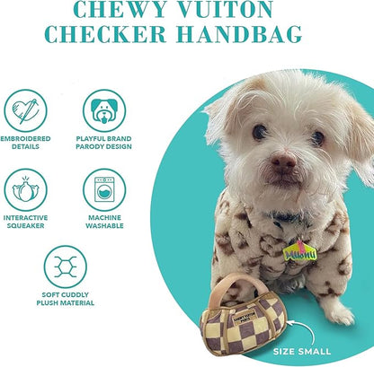 Haute Diggity Dog Checker Chewy Vuiton Handbag, Plush Designer Dog Toys with Interactive Squeaker, Stimulating Pet Enrichment, Machine-Washable & Safe Materials for All Breeds, Size XL