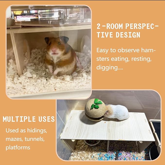Hamiledyi Wooden Hamsters 2-Chamber Hideout-Tunnel Multi Chamber Exploring Toy Hamster Exploring Tunnel Toy for Hamsters Mice