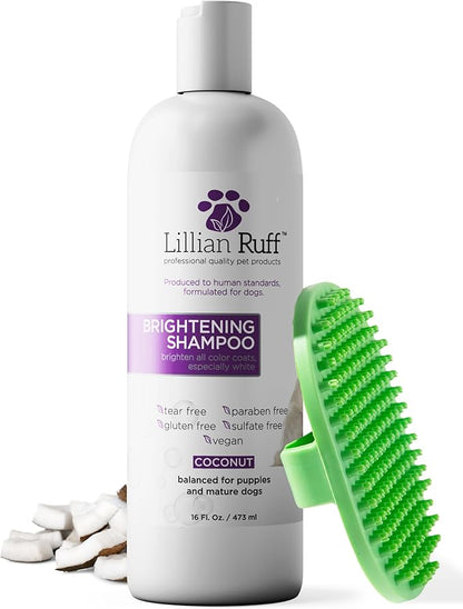Lillian Ruff PRO Formula Ultra Brightening Dog Shampoo - Professional Whitening & Long-Lasting Odor Eliminator, Remove Stains & Discoloration, Dry Skin & Itch Relief - Aloe & Provitamin B5 16oz+Brush