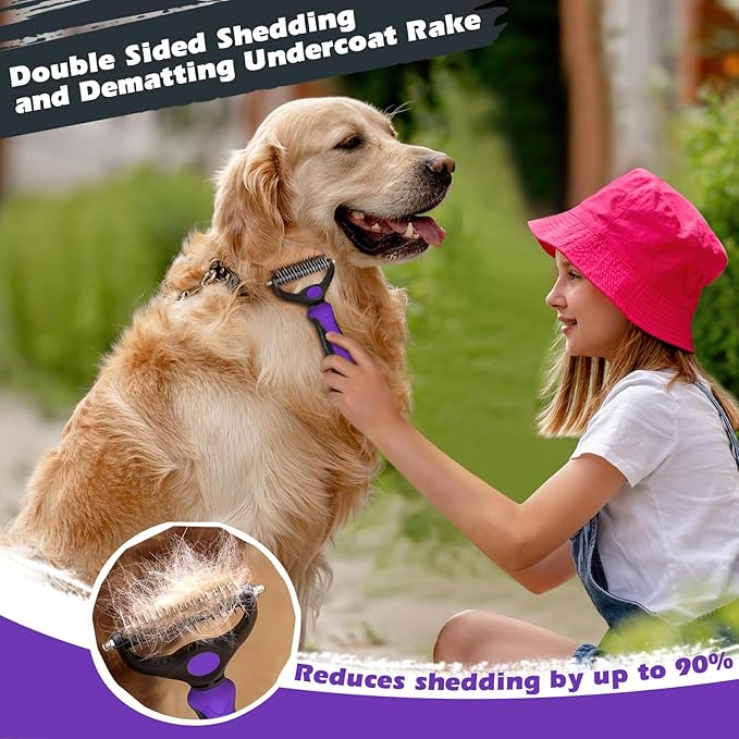 3PCS Self Cleaning Slicker Brush & Pet Grooming Rake & Bath Brush for Dogs,Cats and Horses | Double-Sided Dematting Comb & Skin Friendly Deshedding Grooming Tool | Pet Supplies (Purple Black)