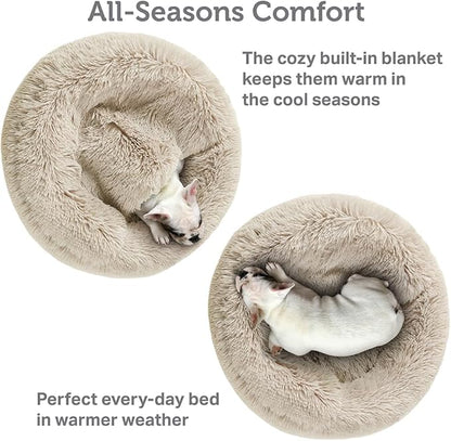 Friends Forever Luna Donut Cat Bed Cave, Soft Faux Fur Hooded Blanket Dog Couch For Indoor Pet, Fluffy Calming Plush Shag, Cozy Round Cushion, Machine Washable Cuddler, Self Warming, Tan, Small (23"x23"x6")