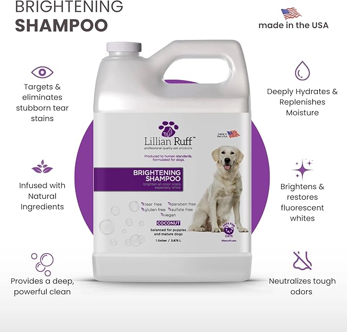 Lillian Ruff PRO Formula Ultra Brightening Dog Shampoo - Professional Whitening & Long-Lasting Odor Eliminator, Remove Stains & Discoloration, Dry Skin & Itch Relief - Aloe & Provitamin B5 Gallon+Pump