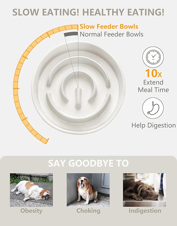 Ceramic Slow Feeder Dog Bowls Elevated, 2.0 Cups Slow Feeder for Medium and Large Dogs, Puzzle Maze Bowl to Slow Down Eating, 30oz, 8in, White