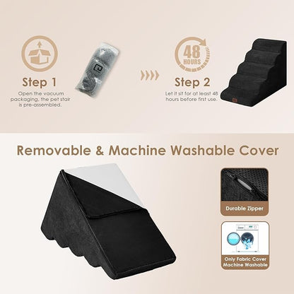 EHEYCIGA Curved Dog Stairs Ramp for High Beds, 5-Step Extra Wide Dog Steps for Small Dogs and Cats, Pet Stairs for High Bed Climbing, Non-Slip Balanced Pet Step Indoor, Black