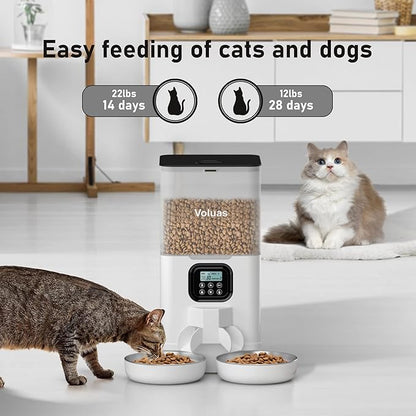 Voluas Automatic Cat Feeder for Two Cats, Double Pet Feeder with 2 Stainless Steel Bowls,6L Timed Cat Feeders with Memory Function