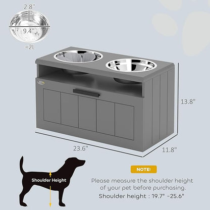 PawHut Elevated Dog Bowls, Raised Dogs Bowl Stand with 2 Stainless Steel Bowls, Storage Drawer and Slow Feeder Mat, Dog Feeding Station for Large and Extra Large Dogs, Gray