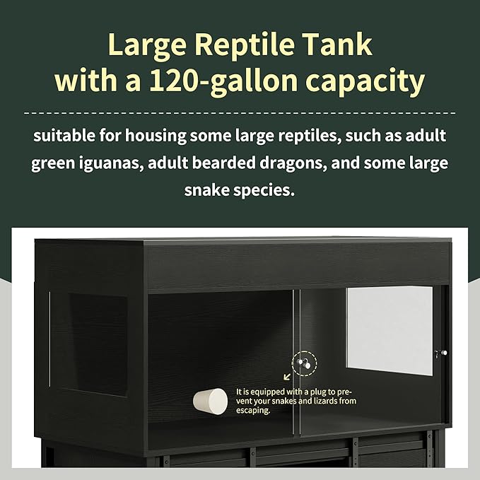 Herture 120 Gallon Reptile Terrarium with Stand, 4x2x2 Bearded Dragon Enclosure for Snakes Lizards, Large Vivarium Tank with Storage Cabinet, Acrylic Doors, Mesh Lid, Power Outlet Black PX04RTBB
