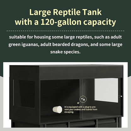 Herture 120 Gallon Reptile Terrarium with Stand, 4x2x2 Bearded Dragon Enclosure for Snakes Lizards, Large Vivarium Tank with Storage Cabinet, Acrylic Doors, Mesh Lid, Power Outlet Black PX04RTBB