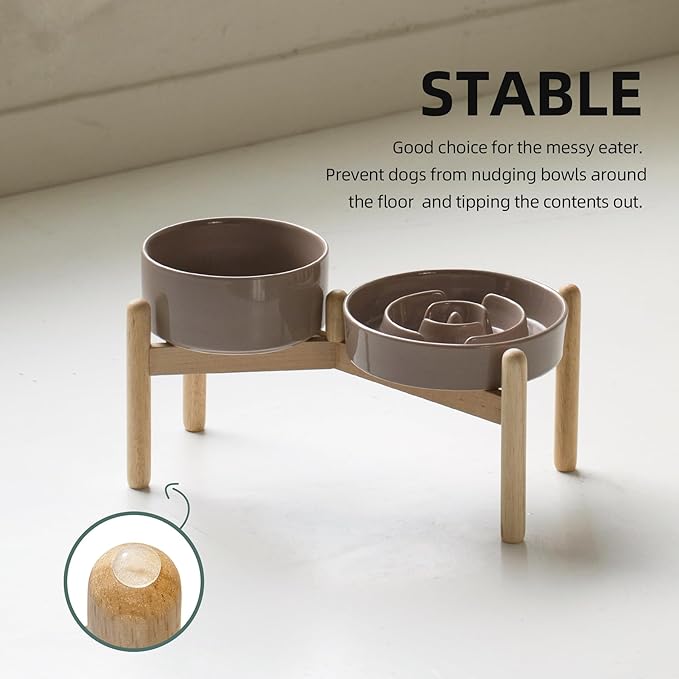 Ceramic 1.2 Cup Raised Slow Feeder Dog Bowl Set, Elevated 6.1inch Bowl and 7.3inch Puzzle Slow Food Dish with Wooden Stand for Medium and Small Dog, Anti-Gulping (2 x Brown Coffee+ Stand)