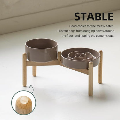 Ceramic 1.2 Cup Raised Slow Feeder Dog Bowl Set, Elevated 6.1inch Bowl and 7.3inch Puzzle Slow Food Dish with Wooden Stand for Medium and Small Dog, Anti-Gulping (2 x Brown Coffee+ Stand)
