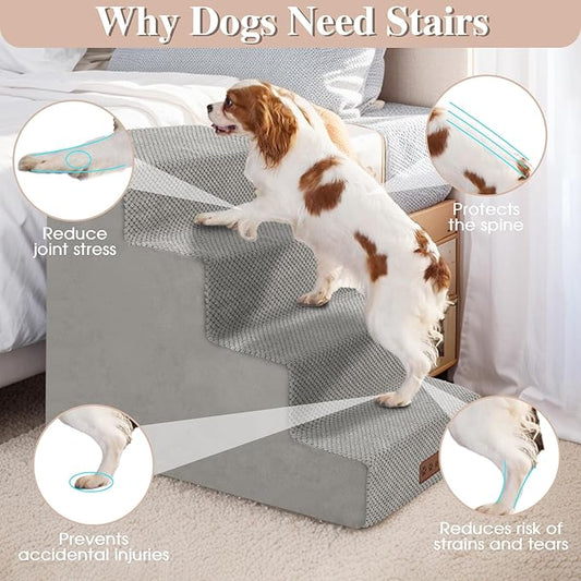 GGIB Non-Slip Pet Stairs for Small Dogs & Cats - 4-Step, Removable Washable Cover, Light Grey, 17" H