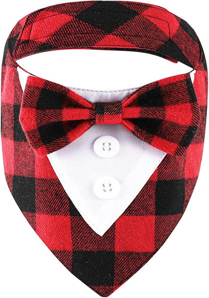 HDGDT Adjustable Red Plaid Christmas Dog Tuxedo Bandana with Bow Tie - Holiday Pet Outfit Costume for Dogs XS to XL