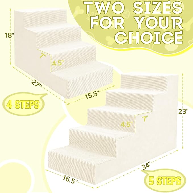 Niubya Dog Stairs for Small Dog and Cats,23”H Non-Slip Bottom Pet Steps for High Beds and Couch,High-Density Foam Pet Stairs White,5 Steps