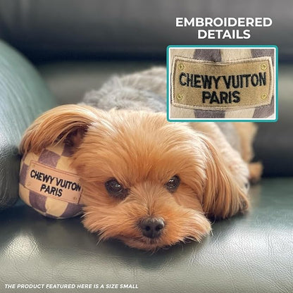 Haute Diggity Dog Checker Chewy Vuiton Ball, Plush Designer Dog Toys with Interactive Squeaker, Stimulating Pet Enrichment, Machine-Washable & Safe Materials for All Breeds, Size Large